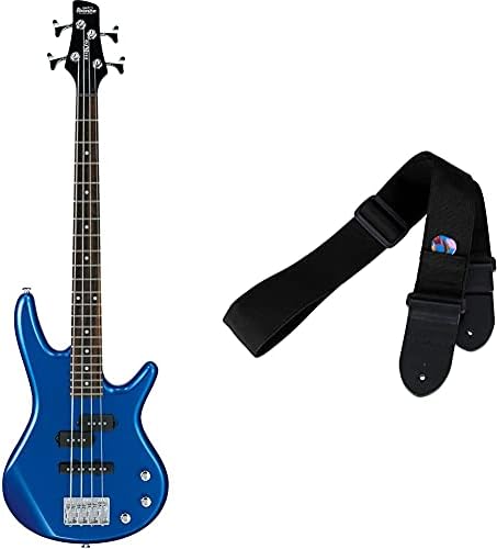 Ibanez GSRM 4 String Bass Guitar, Right, Starlight Blue (GSRM20SLB) & Protec Guitar Strap with Leather Ends and Pick Pocket, Black