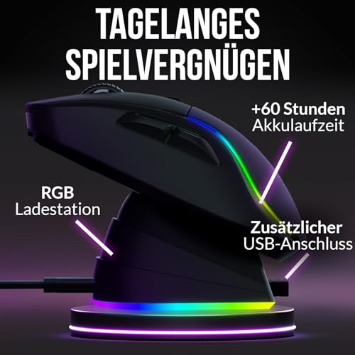 KLIM Blaze Y Wiederaufladbare kabellose Maus - NEU - Gaming Maus mit RGB und Ladestation - Hochpräziser Sensor und langlebiger Akku - Bis zu 6000 DPI - Kabel- und Wireless Mouse für PC - Schwarz
