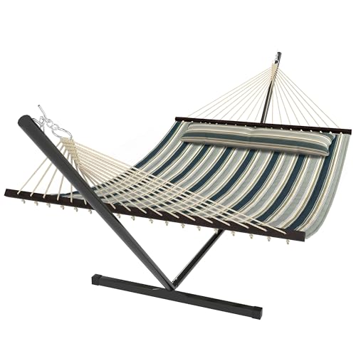 Outsunny Hamac sur Pied 353 cm, hamac avec Support Acier avec Coussin Amovible et Barres d'écartement, pour intérieur et extérieur, lit de Sieste rayé, Vert