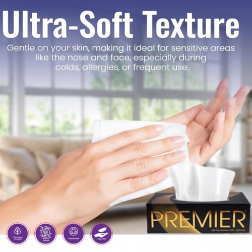 Image of Premier 2-Ply Box Face Tissue Papers - 100 Pulls per Box (Pack of 4, 400 Pulls, 800 Sheets) -Ultra Soft, Gentle & Highly Absorbent Facial Tissues for Home, Office, Car & Travel | Black-Gold