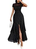 GothDark Women's Summer Mesh Tiered Ruffle Dress Polka Dot A-Line Front Split Flowy Elegant Party Wedding Guest Dresses Black