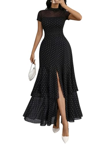 GothDark Womens Summer Mesh Tiered Ruffle Dress Polka Dot A-Line Front Split Flowy Elegant Party Wedding Guest Dresses Black