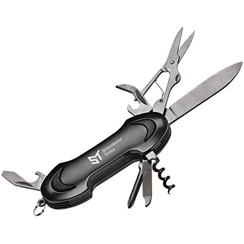 Navaja Multiusos de Bolsillo 8-en-1 STRONGMAN • Cuchillo Multiusos/Herramienta Multiuso NEGRA Ideal como Excelente Regalo • Multiherramienta con embalaje Individual