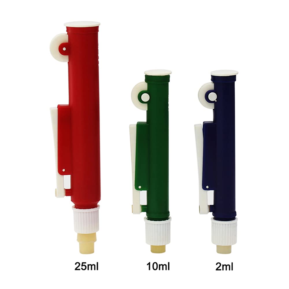 KENZIUM - Pack 3 x Aspiradores Manuales para Pipetas | para Pipetas de Vidrio o Plástico hasta 2 ml, 10 ml y 25 ml | Azul, Verde y Rojo | de ABS | Con Ruedecilla y Pistón