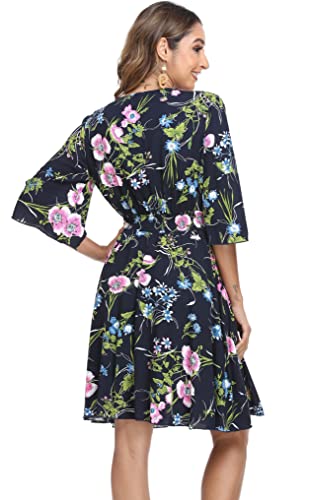 Image of VintageClothing Women's Floral Sundresses Flowy Boho Summer Beach Dress | Lightweight Breathable material,Elegant V Neck and Button Front Design,Flared Bell Sleeve Cut,Mini Casual dress