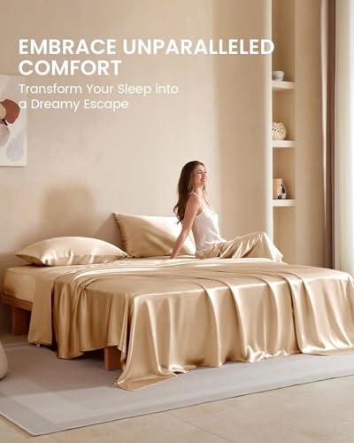 Image of Soft and Silk Satin Bedsheet for Single Bed - 400 TC Romantic Bedsheet Set for Bedroom | Bridal Wedding Bedsheet with Pillow Cover | Ideal for Gifting Beige, Single Bed