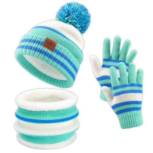Image of Kids Winter Hat Gloves Scarf Set: Girls Boys Beanie Fleece Lined Ages 6-10