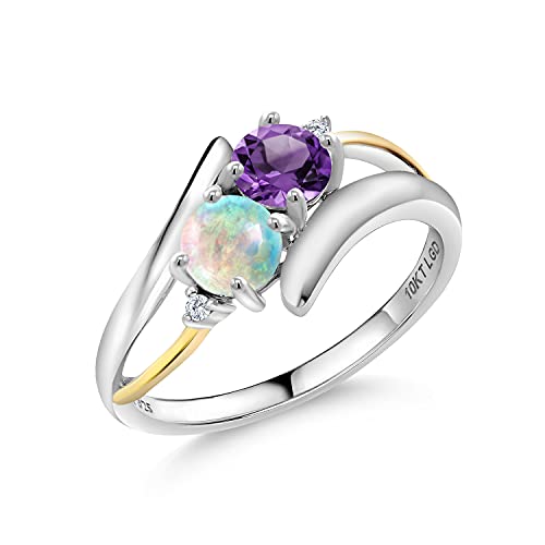 Gem Stone King 925 Sterling Silver and 10K Yellow Gold Purple Amethyst White Simulated Opal and White Lab Grown Diamond Women Ring (1.00 Cttw, Gemstone Birthstone, Available In Size 5, 6, 7, 8, 9)