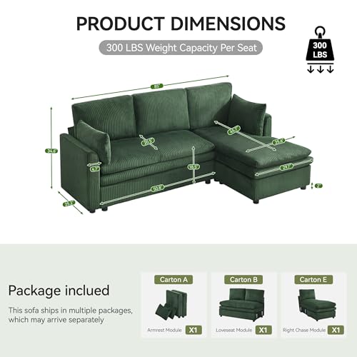 Image of 85 inch Sectional Couches with Right Chaise, Comfy Deep Dual-Layer Cushion Couch, 4 Seater L Shaped Couch, Modern Modular Sofa, Corduroy Sofas for Living Room, Apartment, Green
