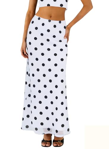 BLENCOT Women's Maxi Skirt Spring High Waisted A Line Flowy Long Skirt Polka Dots Printed Stretch Mesh Skirts for Work Office Fashion 2026 White X-Large