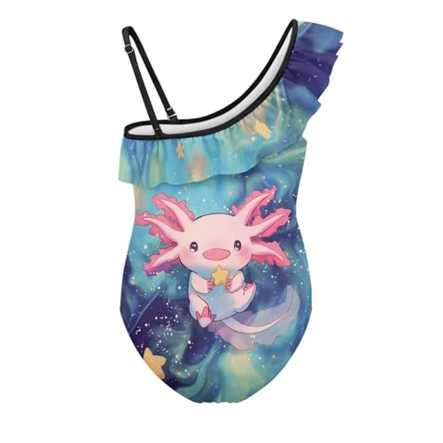 Image of WELLFLYHOM Axolotl Girls One Piece Swimsuits 3-14 Ruffle One Shoulder Bathing Suits Full Coverage Beachwear
