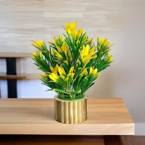 Image of Artificial Plant with Wooden Pot for Home Decor, Real Look Mini Fake Plant for Table, Office Desk & Living Room Decoration (22.5 CM, Green)