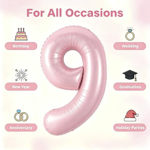 Image of SINBEE Pink 9 Number Balloon, 40 Inch, Mylar Foil, for Birthday Party Decorations, Girls