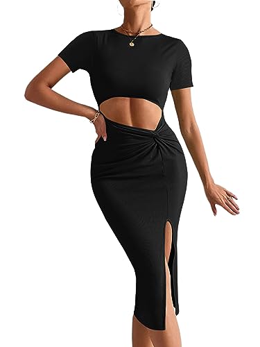 Image of Rooscier Women's Twist Cutout Waist Split Crewneck Short Sleeve Bodycon Midi Dress