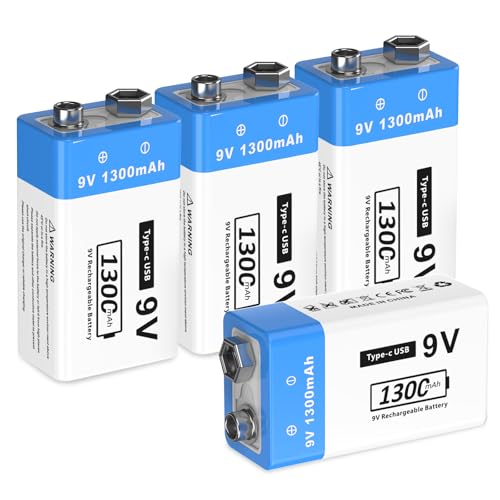 9V Wiederaufladbare Akku 1300mAh 9 Volt Lithium-ionen Block Batterien 9v Akku für Rauchmelder Feuermelder Alarme Mikrofon Multimeter usw(4 Stück)