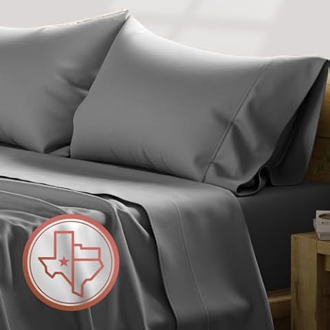 TEXAS LINEN CO. 100% Egyptian Cotton Sheets, 600 Thread Count 4 PC Queen Size Sheet Set, Soft, Cooling, High Thread Count Sateen, Extra Long Staple Luxury Bedding, 16 in Deep Pocket - Dark Grey Cover