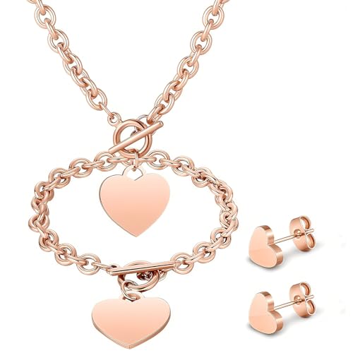 Bucherry 3 Pcs Heart Jewelry Set Bow Snowflake Jewelry Heart Pendant Chain Toggle Necklace with Bracelet Earrings Snowflake Stainless Steel Link Chain for Women Gift(Rose Gold Stainless Steel Heart)