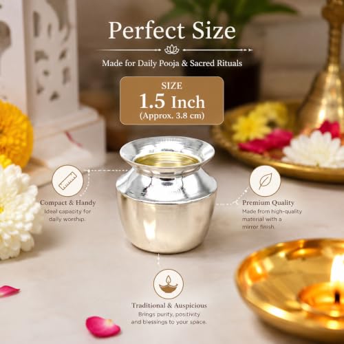 Image of Pure Silver Mini Kalash (Lota), Sacred Water /Milk Pot for Hindu Pooja, Home Temple, Rituals & Ceremonial Use, Handcrafted Puja Vessel, Housewarming Gift