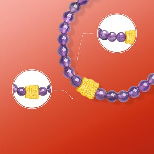 24K Gold Bracelets Amethyst Beaded Blessing Charm Bracelet Natural Gemstone Stretch Bracelet Purple Crystal Jewelry for Women Mom Lover Birthday Aniversary 6.7inch/17cm A19145924