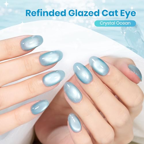 Image of Beetles Crystal Ocean Blue Cat Eye Gel Nail Polish - 15ML Summer Light Blue Gel Polish Cat Eye Glitter Magnetic Translucent Glassy Effect Soak Off UV Nail Art DIY at Home Manicure Gift for Women