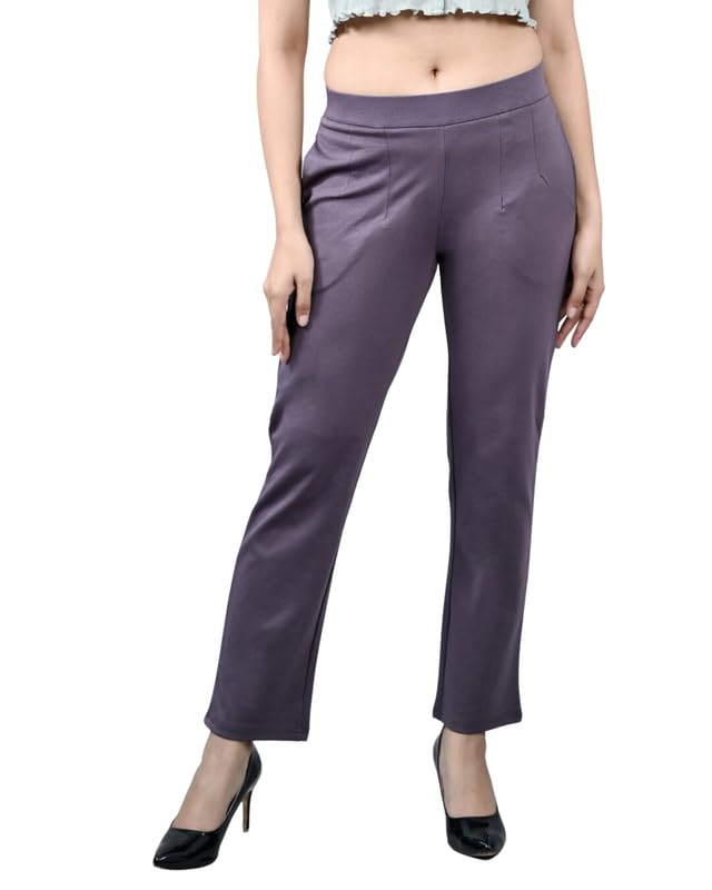 Image of Mlada Straight Fit Cigarette Pencil Pants Elastic Waist Band Mid High Waist Formal Office Trousers for Women, Pockets for Travel Stretch Cotton Knit Full Length Regular /Plus Size