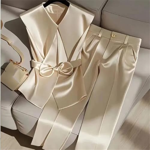 Alloaone Women's Beige Satin Two Piece Set - Elegant Sleeveless Vest and High Waist Wide Leg Pants for Effortless Summer Style - Image 5