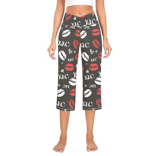 Calça de moletom feminina Glamour Red Lips Hearts V Crossover para ioga com controle de barriga para