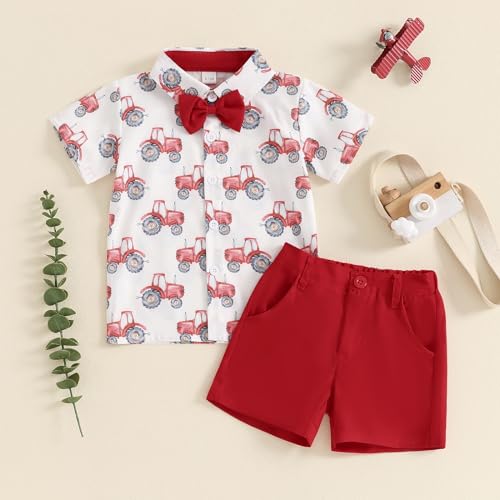 Baby Boy Farm Tractor Outfit Toddler Summer Clohes 2 Piece Short Sleeve Button Down Shirt And Shorts Set With Bowtie2