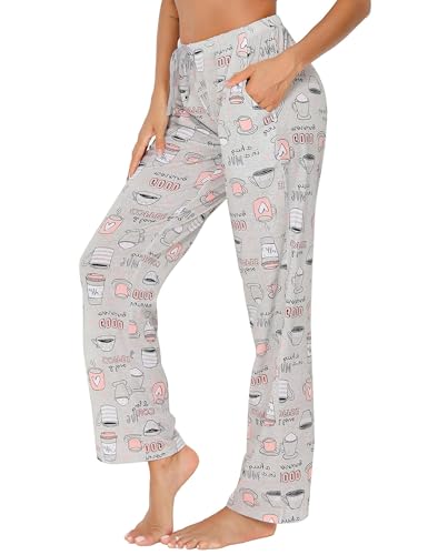 ENJOYNIGHT Pantalones largos de pijama para mujer, de algodón, con bolsillos y cordón, Taza gris., L