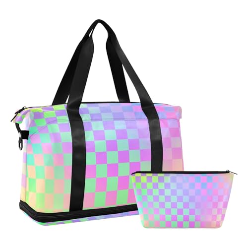 Bolso bandolera grande cuadrado láser colorido bolso de fin de semana con neceser para trekking multifuncional, cuadrados láser, 1 tamaño, cuadrados láser de colores, 1 tamaño, Cuadros láser de