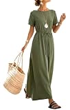 Chevibe Women's Casual Maxi Dress Short Sleeve Crew Neck Cotton Dress Green