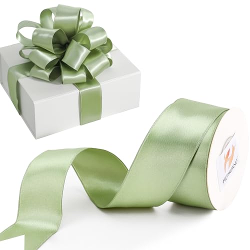 HUIHUANG Sage Green Satin Wired Ribbon 1-1/2 inch Spring Moss Wire Edge Ribbon for Bows, Gift Wrapping, Spring Wreaths, Garland, Wedding Decorations, Crafts, Christmas Tree-Continous 10 Yards