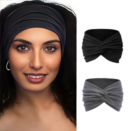 Yyyuluo Diadema para Mujer 2 Piezas - Banda Elástica para Cabello Turbante Bohemio, Accesorios de Moda para Mujer, Diadema de Tela Suave Estilo Boho (Negro + Gris)