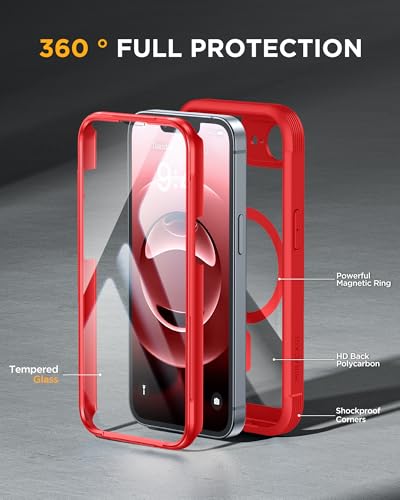 Image of Miracase for iPhone 17e Case & iPhone 16e Case, Full-Body Phone with Built-in Glass Screen Protector, [Magnetic with MagSafe] Military Drop Proof 17 E / 16 E Cover Bumper 6.1 inch, Red