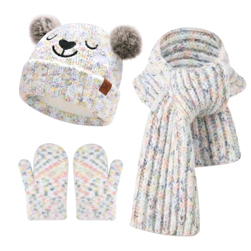 Kids Toddler Infants Winter Beanie Hats Scarfs Gloves Set Pompom Caps Mittens Neck Warmer with Fleece Gifts for 0 6 12 18 Months 1 2 3 4 Years Old Baby Girls Boys