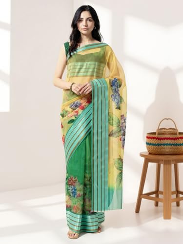 Image of AKHILAM Women's Green Organza Floral Printed Saree With Unstitched Blouse Piece(SAGE1004 AI)