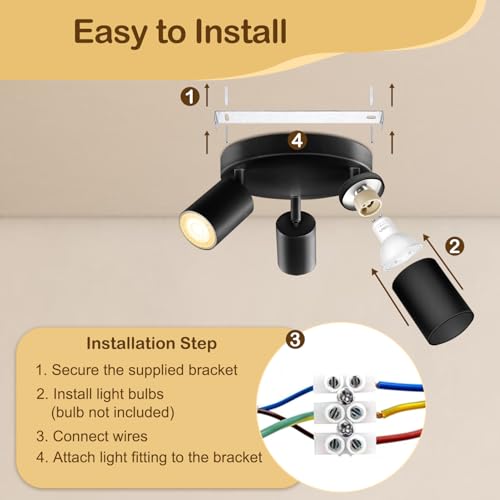 Image of Wiseworld 3 Light Track Lighting Fixtures for Ceiling LED Black Spot Lights Indoor Round Chassis GU10 Base Lamp Rotatable Modern Ceiling Spotlight for Bedroom Kitchen Hallway (Bulb Not Included)