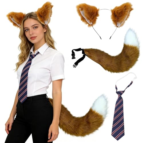 ZXTGBQ 3 PièCes DéGuisement Renard Pour Enfants Ou Adultes-Oreilles De Renard Headband, Fox Queue Et Tie, Animal DéGuisement Pour Halloween Carnaval NoëL...