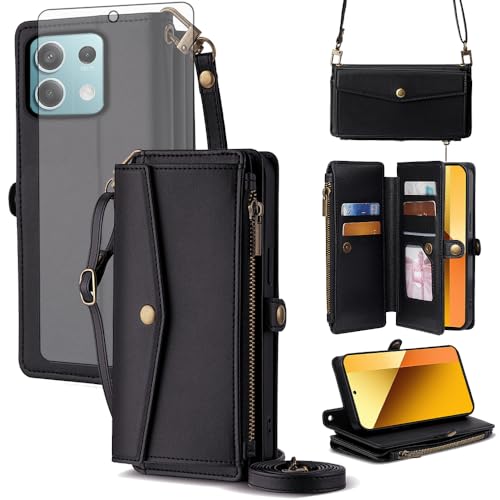Housse Xiaomi Redmi Note 13 5G noire fleurie avec étui portefeuille rigide