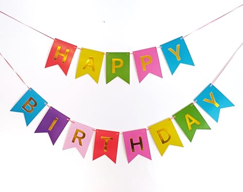 Quirki Happy Birthday Banner Bunting Rainbow Colourful Multicolour Garland with Gold Foil Letters Girls Boys Kids Birthday Party Decorations