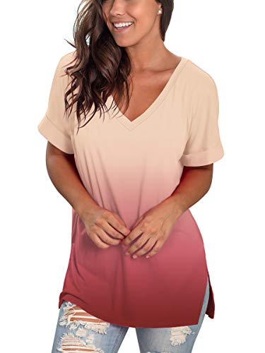 Image of Sampeel Women's V Neck T Shirts Casual Rolled Short Sleeve Side Split Summer Tops Loose Fit