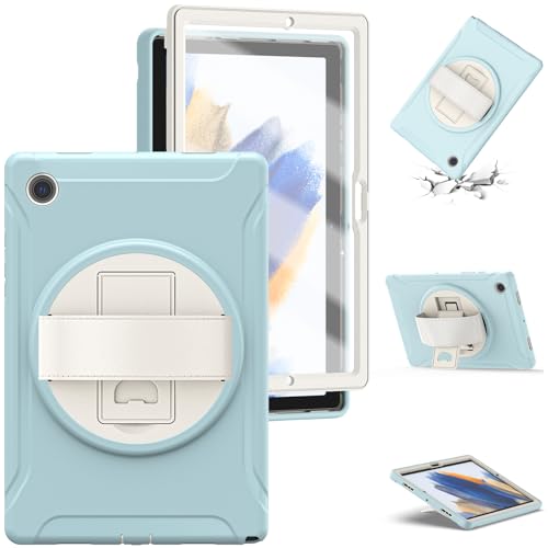 Coque Samsung Galaxy Tab A8 10.5 antichoc bleu clair avec protège-écran et dragonne