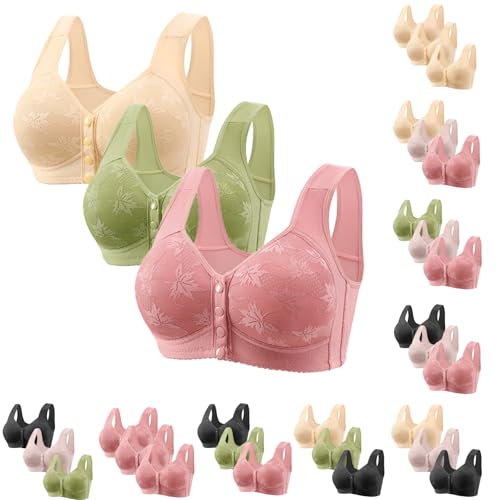 bmkBWO 3 Pack Daisy Bras for Older Women,Front Closure Wireless Bras Plus Size No Underwire Full Coverage Everyday Bralettes