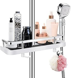 Alftek Shower Rod Storage Shelf Punch-Free Hollow-Out Tray Holder Adjustable Shower Riser Holder Organizer with Removable Hook No Drilling Shower Holders Storage for Soap Shampoo
