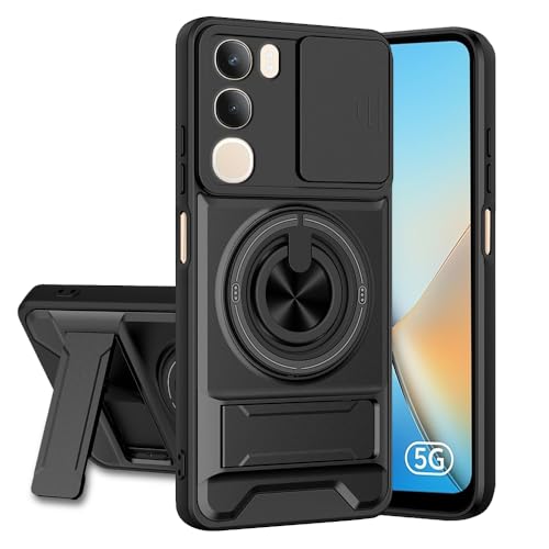 Image of Vivo Y29 5G Back Cover | Armor Camera Slider 360 Degree Rotating Finger Ring Holder Case with Bracket Stand Back Case Cover (Compatible with MagSafe Accessories) (Black)