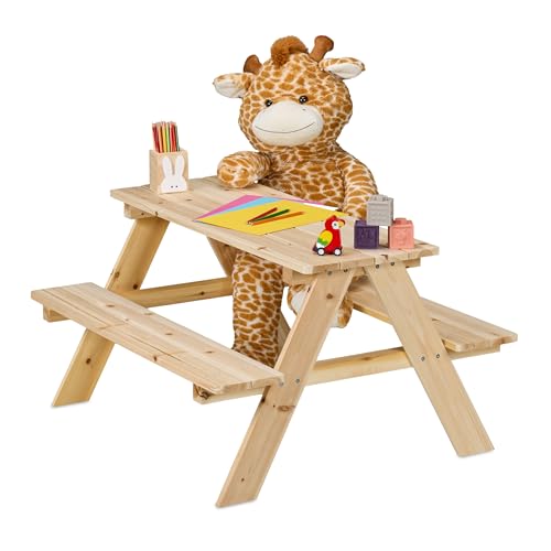 Relaxdays Mesa Pícnic Infantil, Banco Jardín Niños, 51 x 90 x 78 cm, para Jugar, para 4 Infantes, Madera, Natural