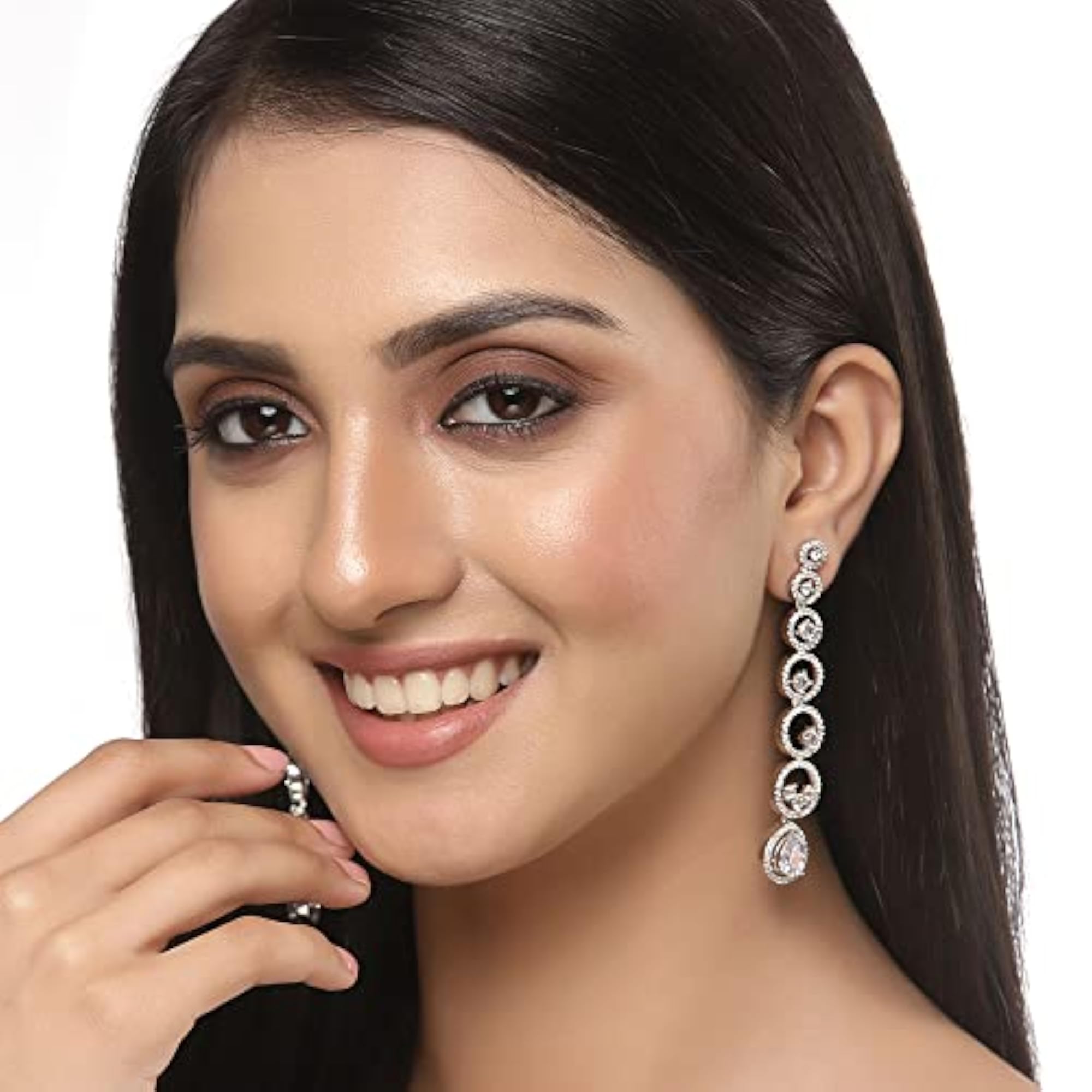 Women's Oxidised Silver-Plated American Diamond Drop Earrings