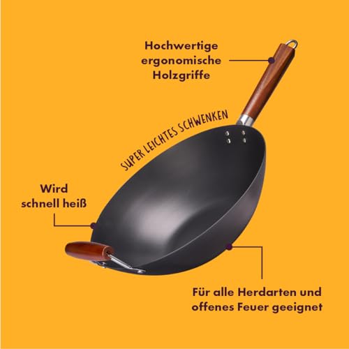 Foto von Bissfest Traditioneller Carbon Wok | 36 cm Durchmesser | Wokpfanne mit flachem Boden, für alle Herdarten geeignet | Aus Carbonstahl, schnelle Hitzeentwicklung und mit Holzgriff