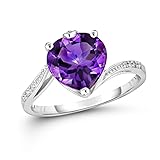 KOKAV 10K White Gold Genuine Amethyst 9 mm Heart Ring with Diamond. Size 7