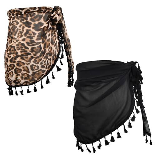 Anseom Sarong de Playa Mujer con Borla, Faldas Cruzadas de Playa de Gasa, Negro y Leopardo Pareo Corto para Cubrir Bikini, Bufanda de Playa de Gasa para Mujeres y Niñas, 180 x 50 cm